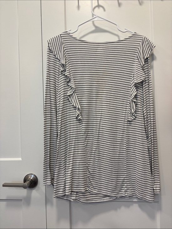 white birch Tops - white birch Black & White Striped Ruffle-Trim Long Sleeve Top